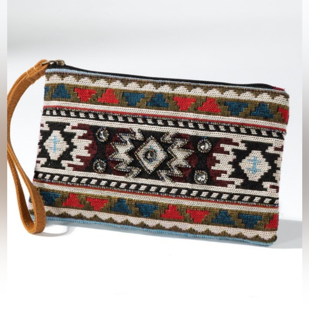 Handmade Hand Beaded Wristlet Clutch - Ethnic Inspired Design - Dyed Fine Cotton - Picture 2 of 7